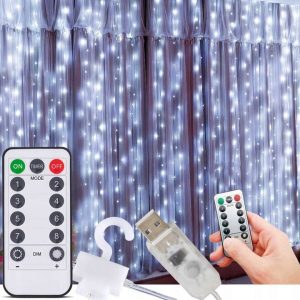 5W Ar USB darbināmas LED Ziemassvētku baltās gaismas aizkars+ tālvadības pults