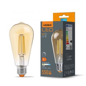 LED Spuldze Videx Filament Amber E27, ST64, 6W, 550 Lm, 2200K