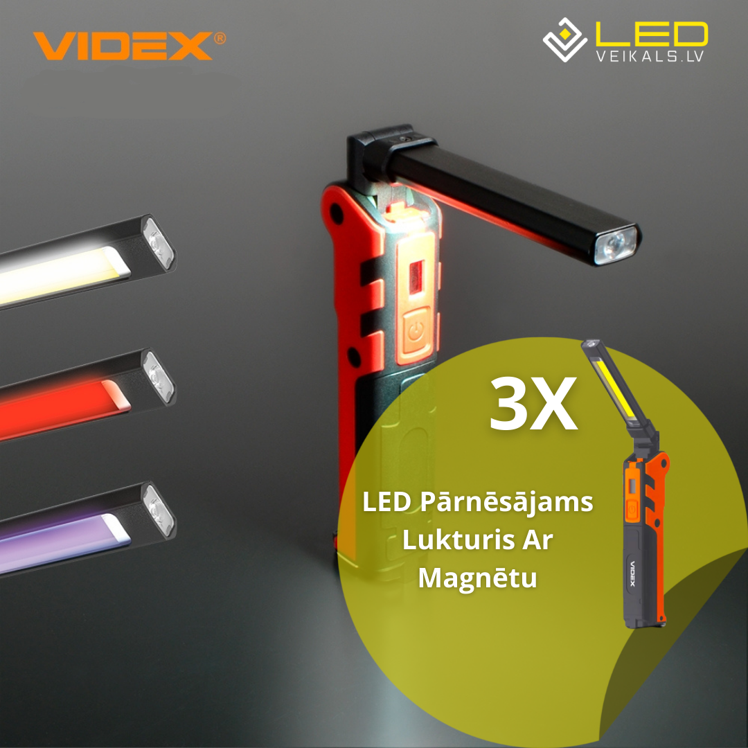 3.gab LED Pārnēsājamie Lukturi Ar Magnētu Videx 5W + COB 10W, 400Lm, IPX2