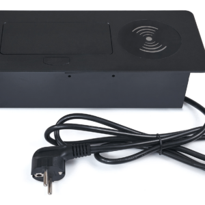 Barošanas ports padziļināts galda virsmā ar 1x strāvas kontaktligzdu, 2x USB un bezvadu induktīvo lādētāju melns